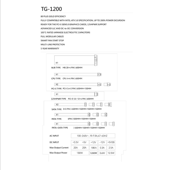 Thermalright TG (modular) Black - power supply - 1200 Watt - 120 mm - 80 Plus Gold certificate