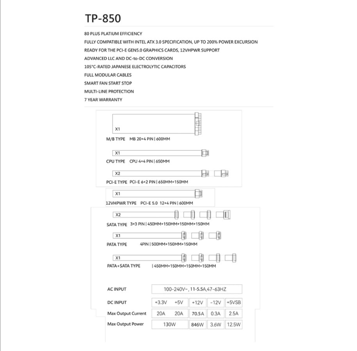 Thermalright TP White - power supply - 850 Watt - 120 mm - 80 Plus Platinum certificate