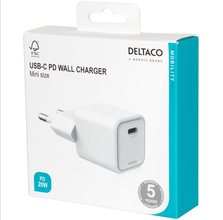 Deltaco USB-C 迷你壁式充电器 1x USB-C PD 20 W 白色