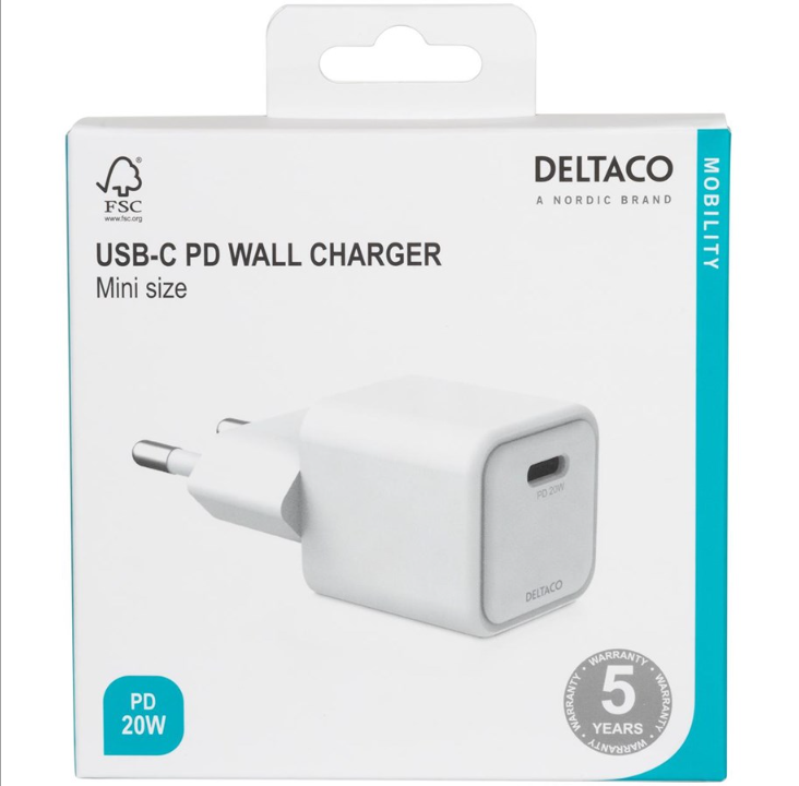 Deltaco USB-C 迷你壁式充电器 1x USB-C PD 20 W 白色