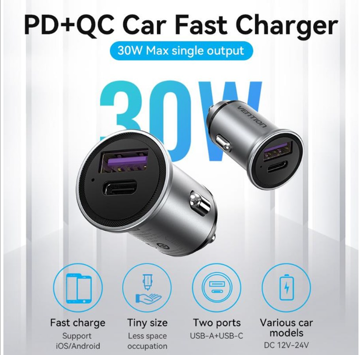 Vention Two-Port USB A+C(18/20) Car Charger Gray Mini Style Aluminium Alloy Type