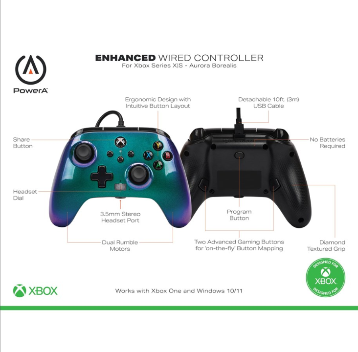 PowerA Enhanced Wired Controller for Xbox Series X|S - Aurora Borealis - Gamepad - Microsoft Xbox Series S