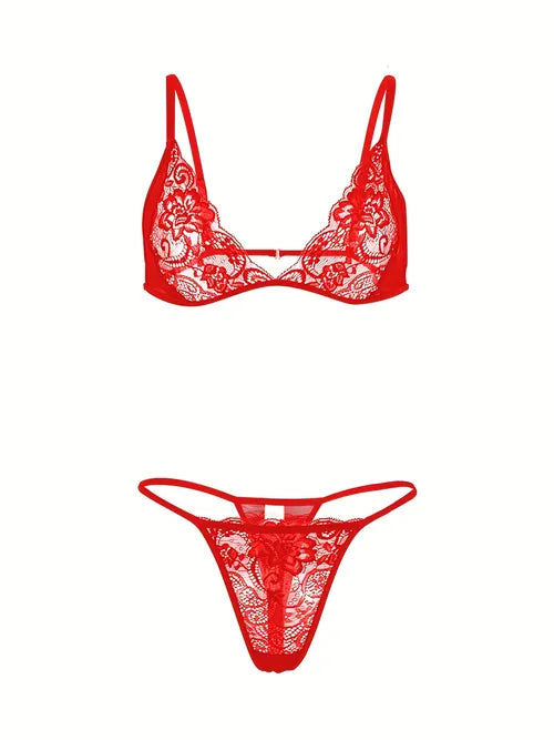 Sexy Floral Lace Lingerie Set, Lightweight Padless Bra & Sheer Thong, Women's Sexy Lingerie & Underwear