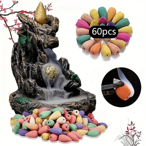 1pc, Resin Backflow Incense Burner With 60pcs Different Scents Backflow Incense Cones, Resin Incense Burner Backflow Waterfall Incense Holder Home Decoration