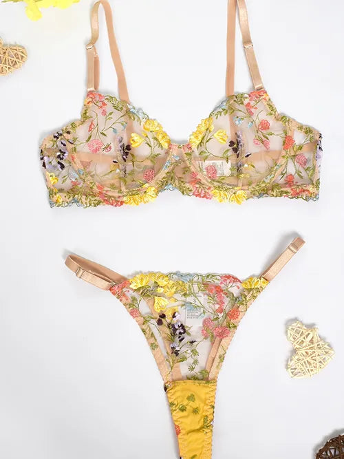 Sexy Lacy Lingerie Set, Floral Embroidery Sheer Lingerie Set, Women's Sexy Lingerie & Underwear