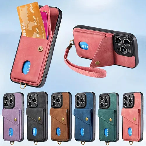 Retro PU Card Case Insert Card Pocket Card Holder Lanyard Wrist Strap Phone Case For Samsung Galaxy S23/S23 Plus/S23 Ultra/S22/S22 Plus/S22 Ultra/S21/S21 Plus/S21 Ultra/S21 FE/S20/S20 Plus/S20 Ultra/S20 FE/S10/S10 Plus/S10E/S9/S9 Plus/Note20 Ultra