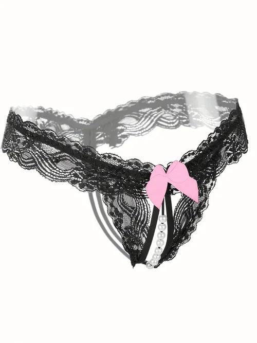 Hot Floral Lace Thongs, Hollow Out Open Crotch Bow Mesh Panties, Women's Sexy Lingerie & Underwear