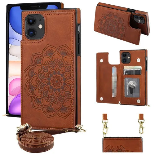 Embossed Mandala Pattern Flower Wrist Strap Protective Kickstand Shoulder Cross Body Cover Case For IPhone Xr/11/11ProMax/12ProMax/ Crossbody Wallet Case With Card Slots