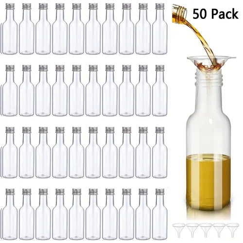 50pcs 1.7oz/50ml Mini Liquor Bottles With Lids Plastic Hot Sauce Bottles With Funnels Ginger Shot Bottles Little Spirit Bottle Alcohol Bottles For Cocktail Party Favors Weddings