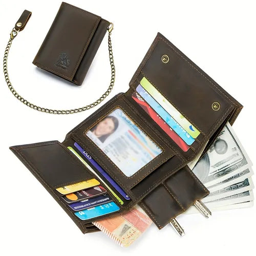 Men's Genuine Leather RFID Wallet Chain Trifold Wallet Multiple Card Slots Purse Large Capacity Card Holder