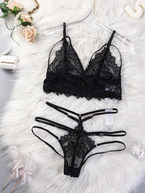 Eyelash Lace Trim Lingerie Set, Semi-sheer Floral Pattern Unlined Bra & Hollow Thongs, Women's Sexy Lingerie & Underwear