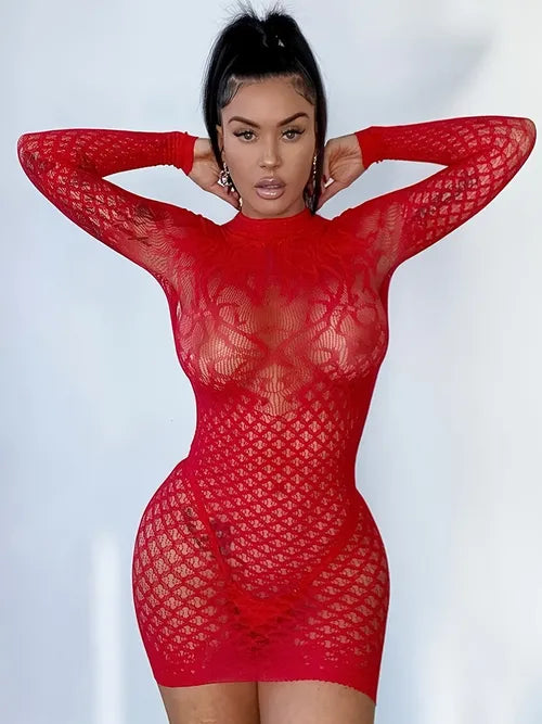 Sexy Lace Jacquard Babydoll, See Through Long Sleeve Bodycon Dress, Women's Lingerie & Underwear