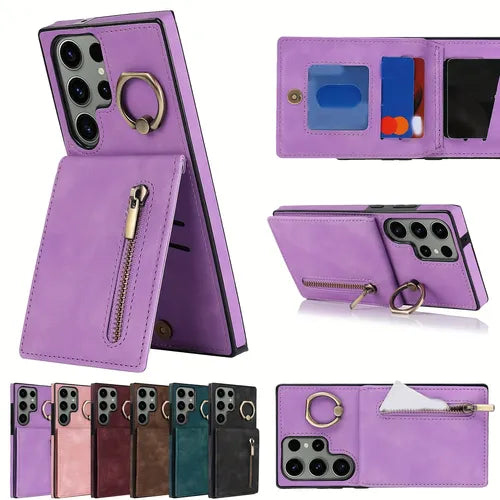 Stylish Retro Faux Leather Phone Case For Samsung Galaxy S23 Ultra, S23 Plus, S22 Ultra, S22 Plus, S21 Ultra, S21 Plus, S21 FE, Note 20 Ultra - With Ring Holder & Shockproof Protection Cover