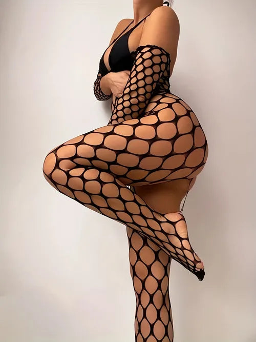 Hot Fishnet Bodystocking, Hollow Out Open Crotch Mesh Bodystocking, Women's Lingerie & Underwear