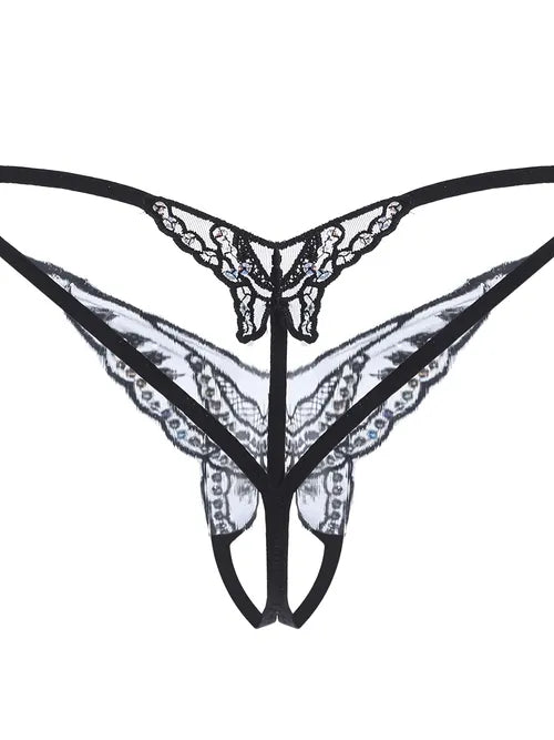 Sexy Sequin Embroidery Open Crotch Butterfly Shape Thong Panties, Breathable Transparent High Stretch Panties, Women's Sexy Lingerie & Underwear