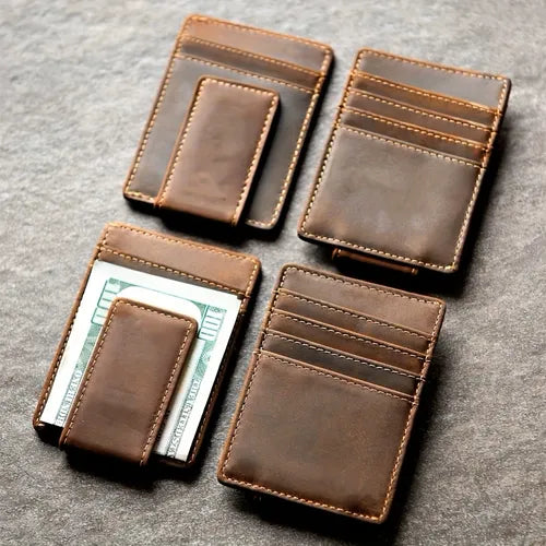 مشبك نقود مغناطيسي من الجلد الطبيعي للرجال، جيب بسيط نحيف، حامل بطاقات حجب RFID، هدية للرجال، هدية عيد الأب