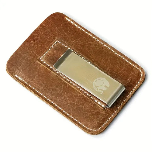Men's Small Leather Wallet With 2 Card Slots, Metal Elephant Money Clip Card Holder