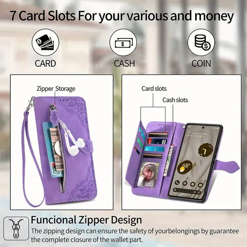 Wallet Case For Google Pixel 7A, Multi-Card High-Capacity Case With Leaf Zipper Design And Lanyard, Women Case For Google Pixel 7A SZY Purple