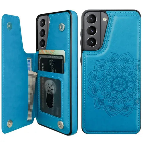 Kickstand Case With Credit Card Holder, Embossed Mandala Floral Pattern Premium PU Leather Magnetic Closure Shockproof Protective Flip Cover Durable Shockproof Wallet Case For Note10/Note10Plus/S21/S21Plus/S21Ultra/S22/S22Plus/S22Ultra