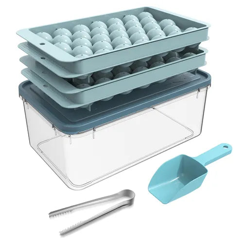 Ice Cube Tray, Round Ice Trays For Freezer With Lid And Bin, Circle Ice Mold Making 167.64 X 2.54cm Small Ice Balls,Sphere Ice Makers With Ice Buckets Tongs & Scoop