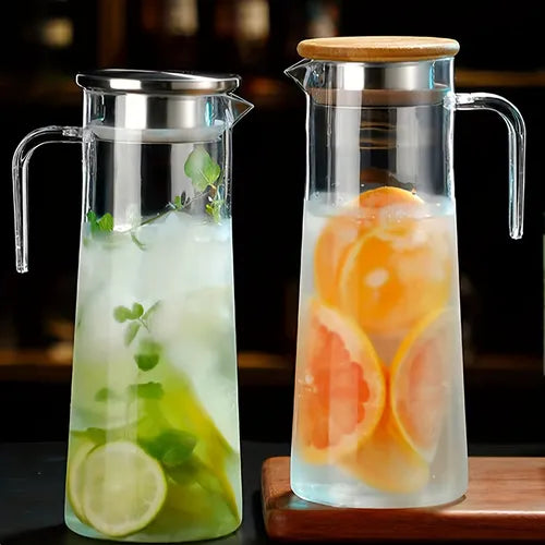 1pc, Water Pitcher With Lid, 37.1oz/54.1oz Heavy Duty Drink Picher, With Stainless Steel Lid Or Wooden Lid, For Juice, Beer, Bubble Tea, Summer Drinkware, Kitchen Stuff, Home Kitchen Items, Birthday Gifts