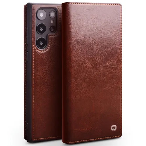 Oil Wax Classical Genuine Real Leather Flip Wallet Case Cover With Card/Cash Slots Phone Pocket For Samsung Galaxy S23 Ultra