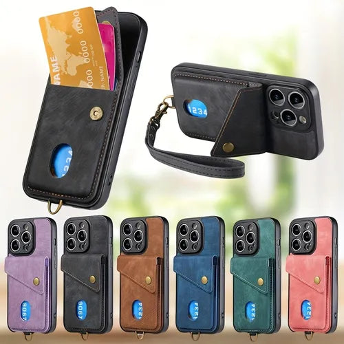 Retro PU Card Case Insert Card Pocket Card Holder Lanyard Wrist Strap Phone Case For Iphone 14/14pro/14plus/14pro Max, Iphone 13/13pro/13pro Max/13mini, Iphone 12/12pro/12pro Max/12mini,Iphone 11/11pro/ 11pro Max/X/XR/XS/XS MAX,6S Plus/7Plus/8Plus