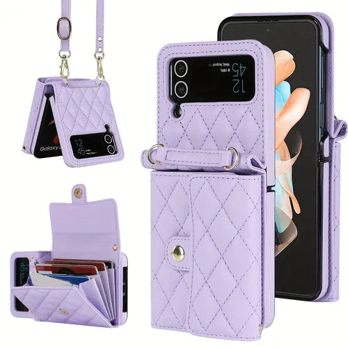 Luxury Artificial Leather Phone Case For Samsung Galaxy Z Flip 4/3 5G With Long Lanyard Crossbody Wallet Card Bag Anti Lost Shockproof Protect Cover