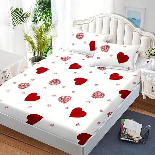 1pc Fitted Sheet Red Heart Print Bedding Sheet For Bedroom Guest Room Hotel