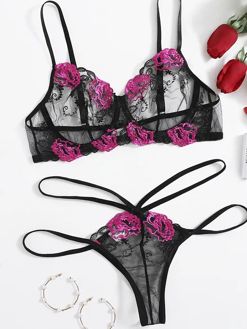 Rose Embroidered Mesh Contrast Color Sexy Lingerie Set, Sheer Thin Bra & Thin Strap Cross Cheeky Panty, Women's Sexy Lingerie & Underwear