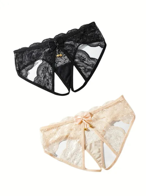 2pcs Floral Lace Bow Panties, Hollow Out Open Crotch Semi-sheer Panties With Bell, Women's Lingerie & Underwear