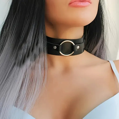 Sexy Gothic Leather Choker, Adjustable PU Leather Metal Ring Collar, Women's Sexy Lingerie & Underwear Accessories