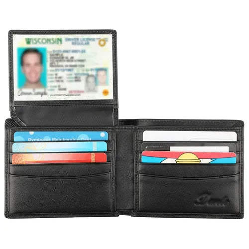 RFID Blocking Cowhide Leather Bifold Wallet For Men With 2 ID Windows Black Carbon Fiber