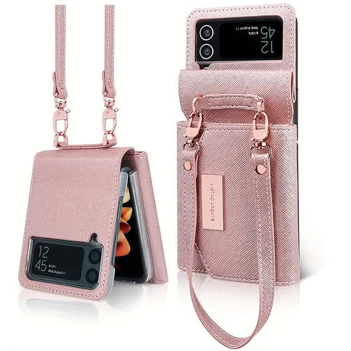 Vietao Wallet Artificial Leather Cell Phone Cover Case For Samsung Galaxy Z Flip 3 4 Flip3 Flip4 5g Card Holder Strap Mobile Phone Case With Lanyard