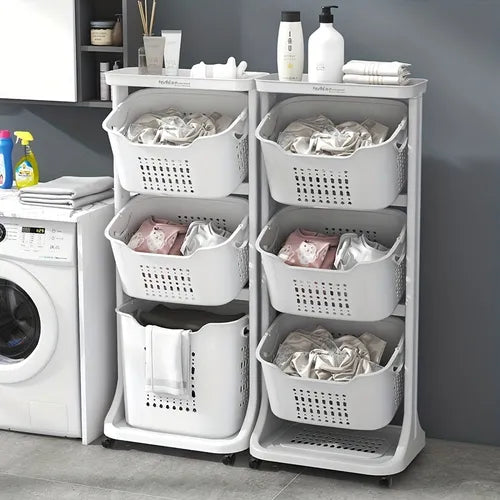 1pc Multifunctional Storage Rack, Bathroom Classified Laundry Basket, With Bottom Pulley, Can Rotate 360 Degrees, Layered Storage Design, Household Laundry Room Bathroom Storage Basket