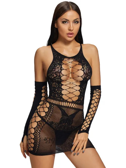 Women's Lingerie Sexy Mesh Fishnet Mini Dress Lace Slim Nightwear Sexy Lingerie With Gloves