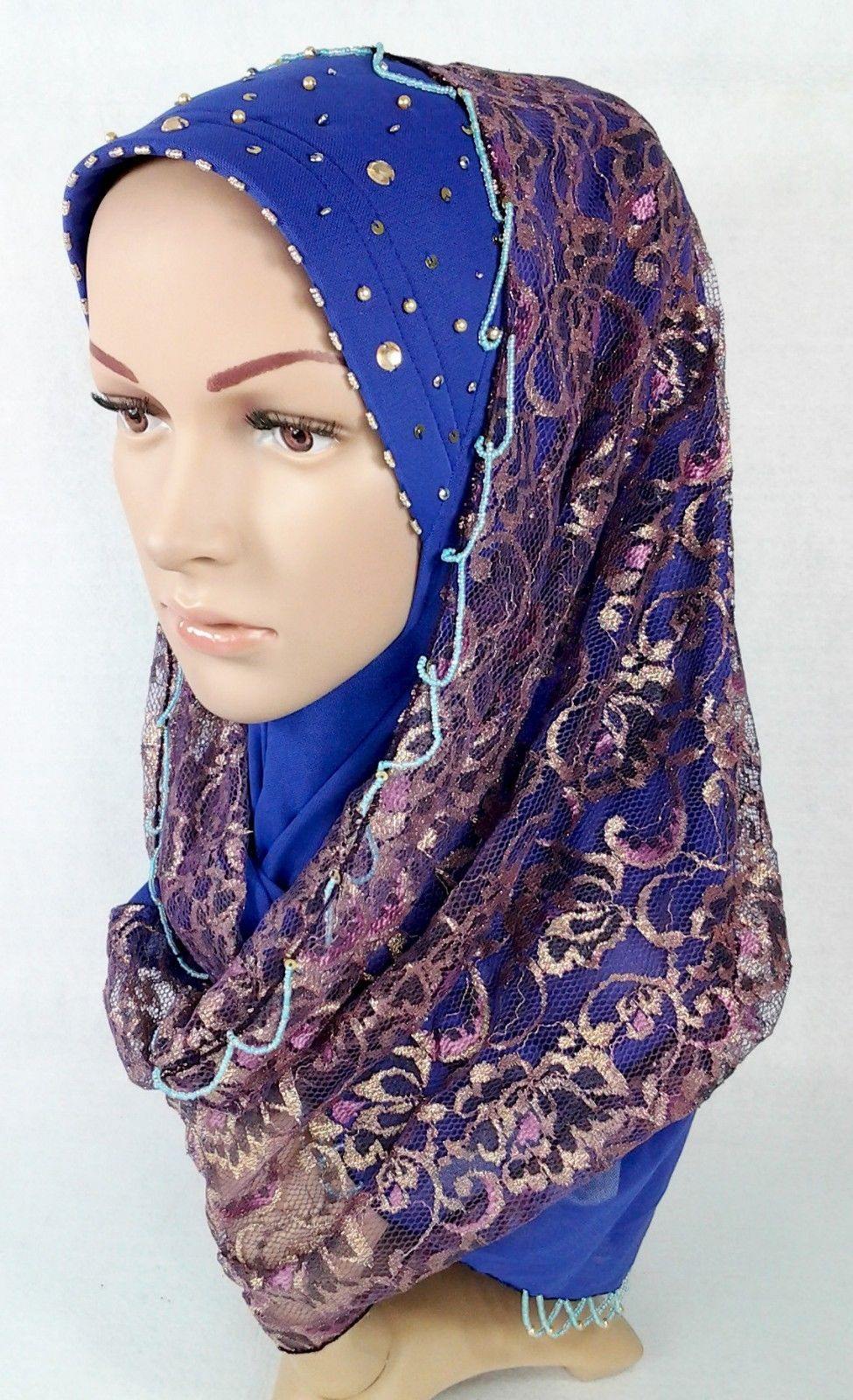 New Lace NET Yarn RhineStone Elegant Loop Hijab Islamic Headwear Scarf Shawls - Arabian Shopping Zone