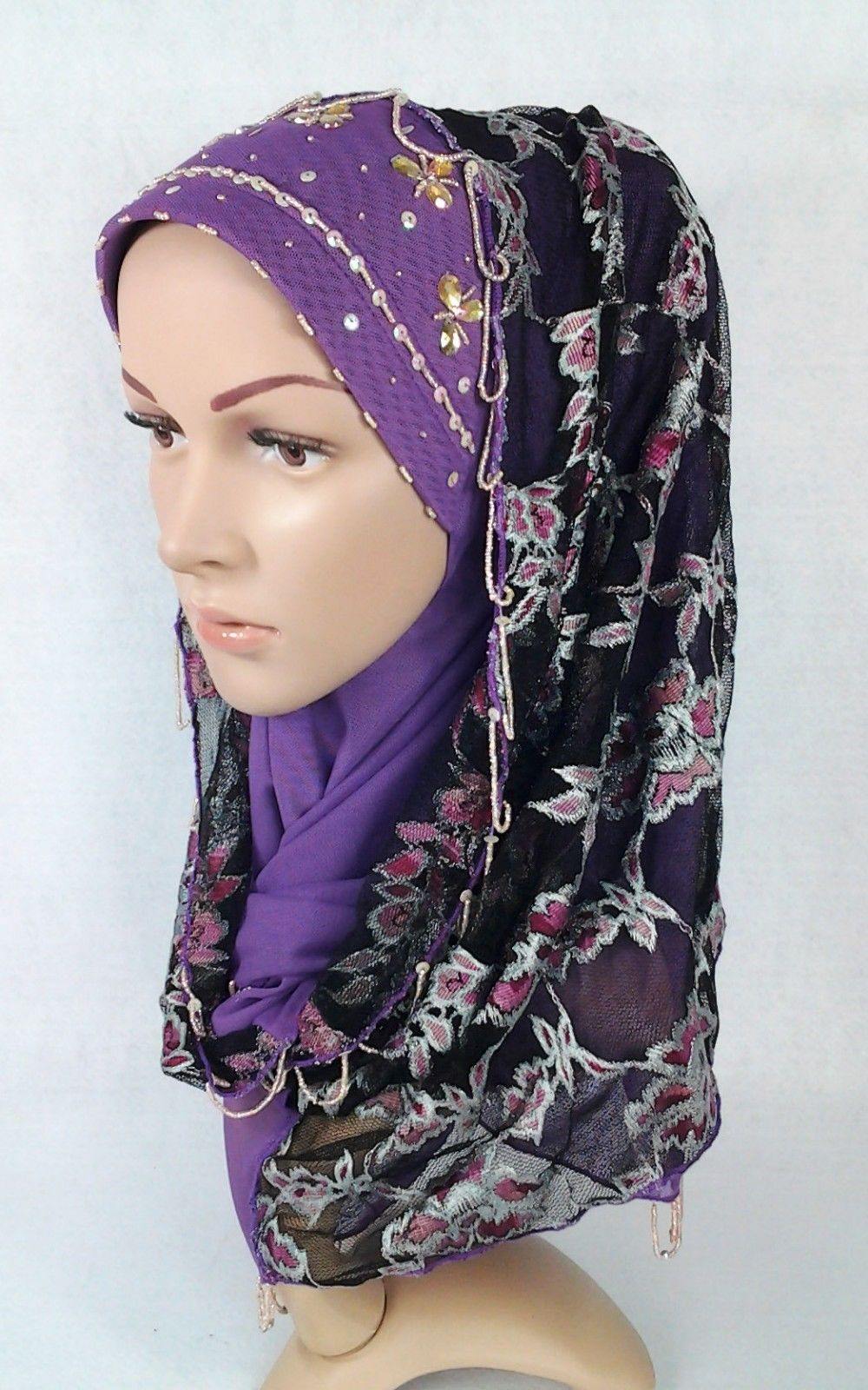 New Lace NET Yarn RhineStone Elegant Loop Hijab Islamic Headwear Scarf Shawls - Arabian Shopping Zone