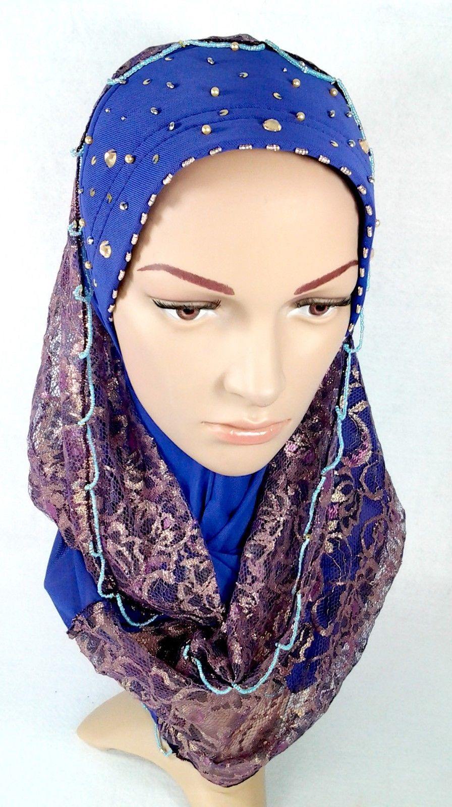 New Lace NET Yarn RhineStone Elegant Loop Hijab Islamic Headwear Scarf Shawls - Arabian Shopping Zone