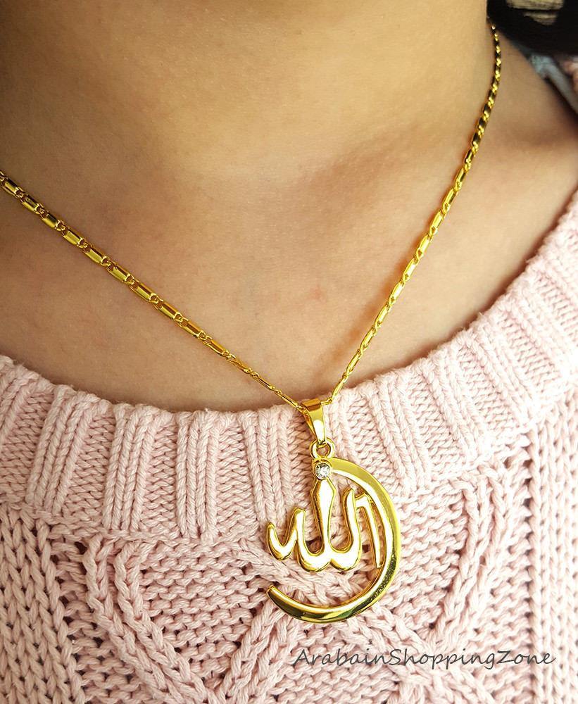 Allah Name Pendant Necklace For Women Silver-Gold Color Zirconia - Islamic Shop