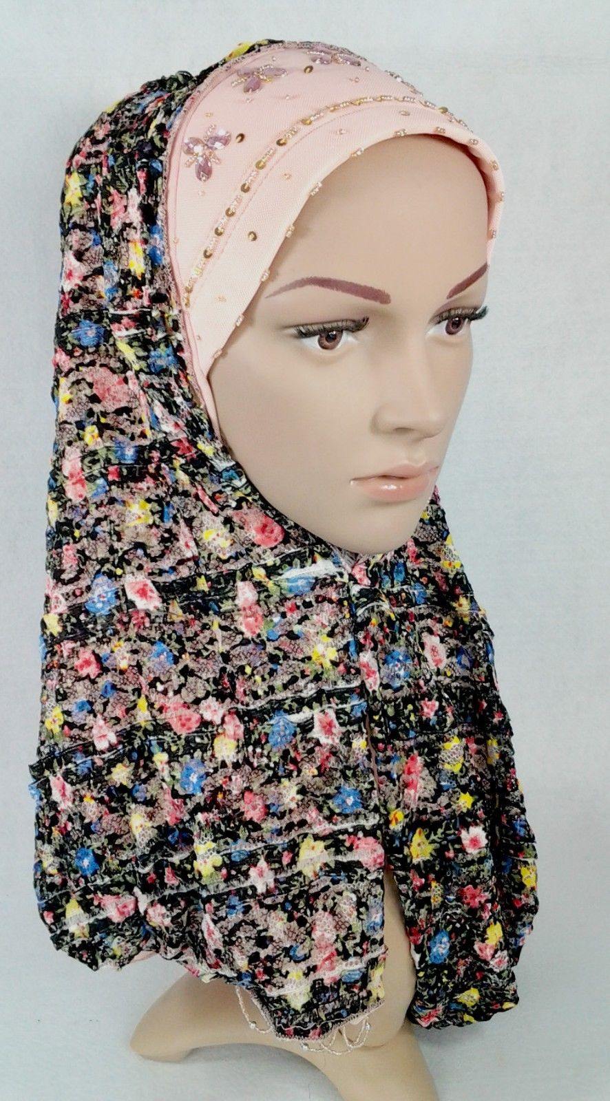 New Lace NET Yarn RhineStone Elegant Loop Hijab Islamic Headwear Scarf Shawls - Arabian Shopping Zone