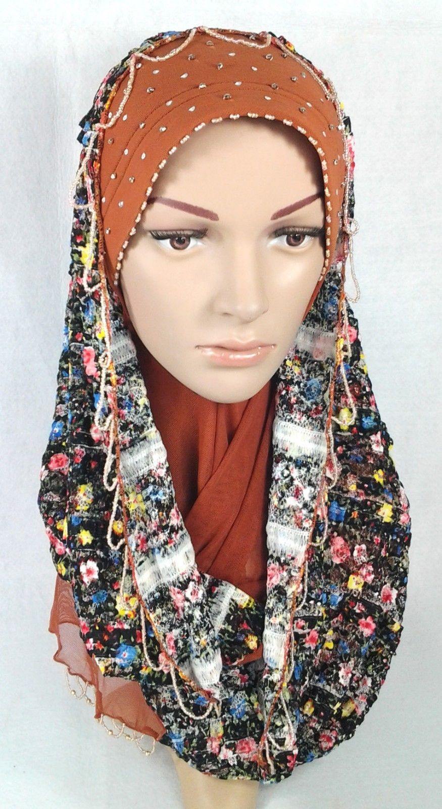 New Lace NET Yarn RhineStone Elegant Loop Hijab Islamic Headwear Scarf Shawls - Arabian Shopping Zone