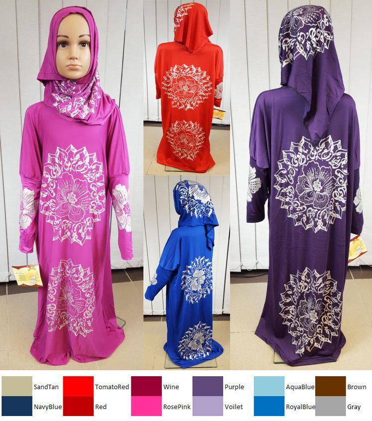 Girls Maxi Silver Print Dress Kids Long Sleeve Holiday Abaya Islamic 6-14T - Arabian Shopping Zone