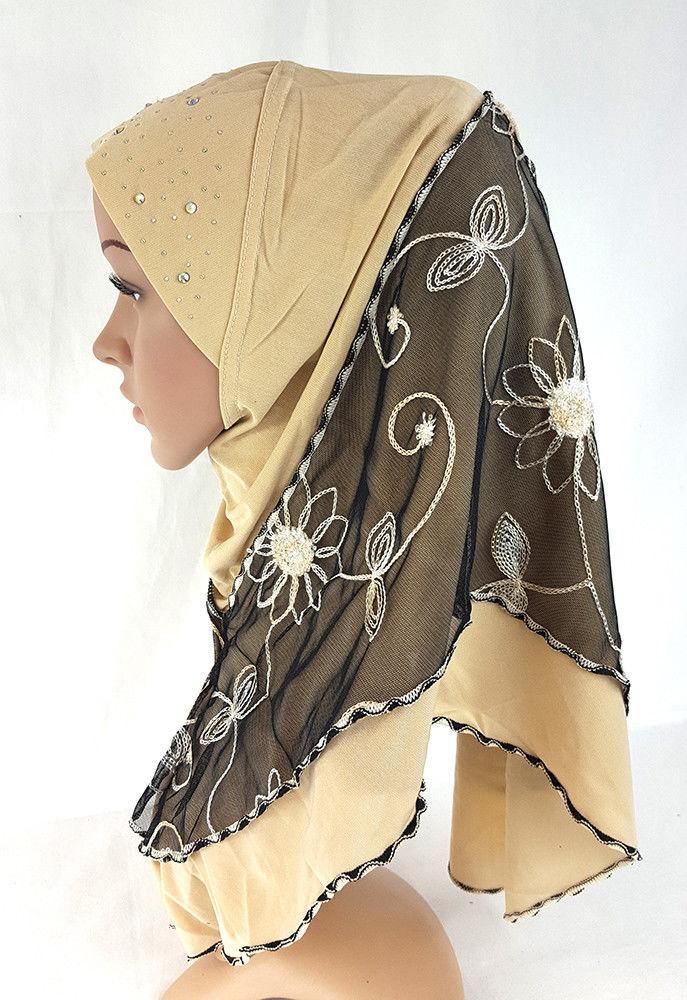 Lace Crystal Hemp Muslim Girl Amira Hijab Islamic Scarf Shawls Perfect Teenagers - Arabian Shopping Zone