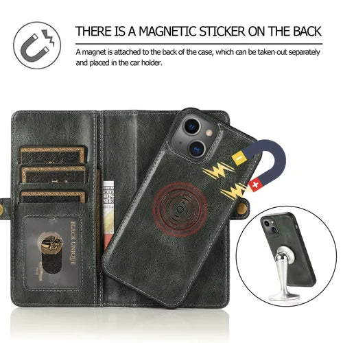 Case Wallet With Card Holder For IPhone 14/ 14 Pro/ 14 Pro Max, IPhone 13/ 13 Pro/ 13 Pro Max, Magnetic Buttons Flip Cover, PU Leather, With Lanyard