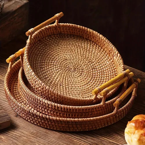 1pc, Food Tray, Creative Fruit Plate, Decorative Fruit Tray, Handmade Rattan Dessert Tray, Reusable Snack Basket Tray, Bread Basket Tray, Kitchen Supplies, Kitchen Decoration, Room Decoration