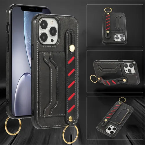 Good Quality Phone Case For IPhone 14 Pro Max 6.7 Inch Black Business Twill Wrist Strap Case For Iphone XS MAX Multi-function With Card Holder, Protective And Durable Case As Nice Small Gift For Men And Women Girls Boys