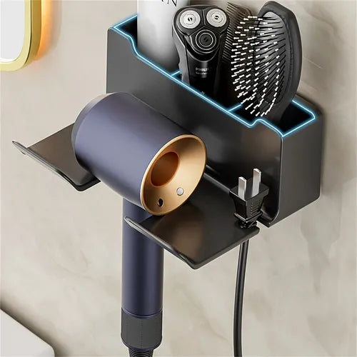 1pc Hair Dryer Holder Wall Mounted, Self Adhesive Blow Dryer Holder Rack For Bathroom, Hair Tool Organizer Storage With Plug Hook, 12.5x16.5cm/4.92x6.5inch