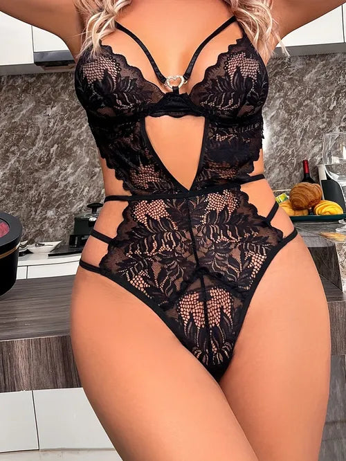 Sexy Floral Lace Teddy, See Through Plunging Backless Thong Bodysuit, Women's Sexy Lingerie & Underwear