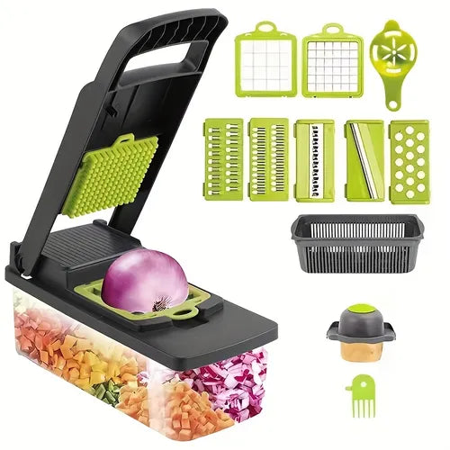 14pcs/Set, Vegetable Chopper, Multifunctional Fruit Slicer, Manual Food Grater, Vegetable Slicer, Cutter With Container, Onion Mincer Chopper, Household Potato Shredder, Kitchen Stuff, Kitchen Gadgets